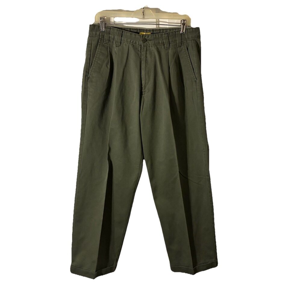 Duck Head Classic Pleat Front Cuffed Cotton Olive Khaki Pants - 32x27.5 Vintage